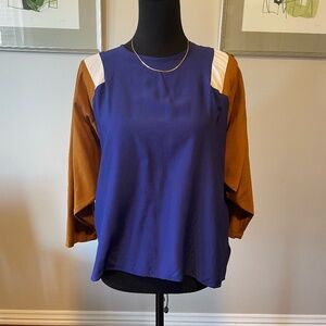 Multi-colored (navy, cream and cider) long-sleeved top by RealityStudio, size S